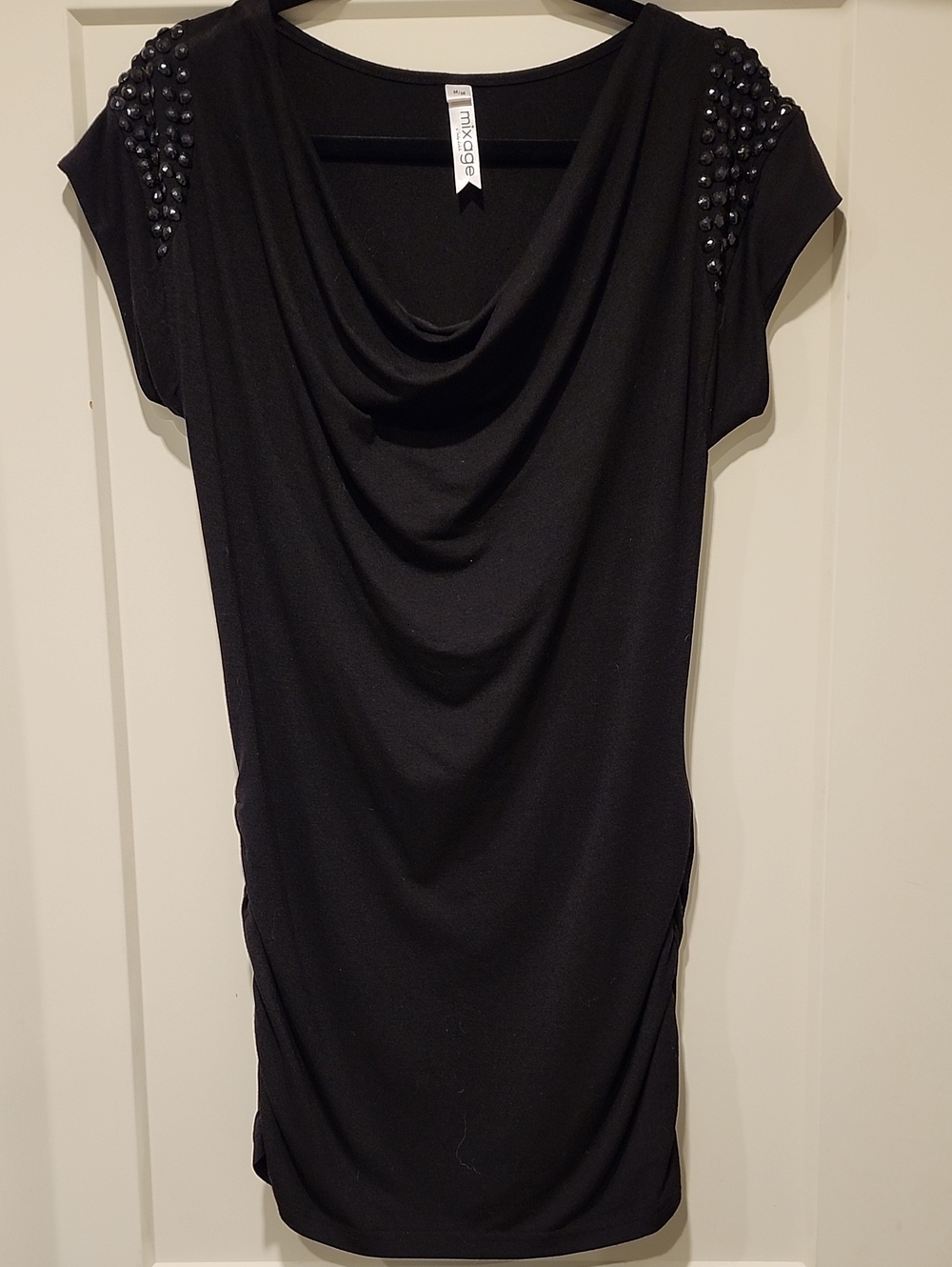 Black Draped Short-Sleeve Dress with Studded Shoulders